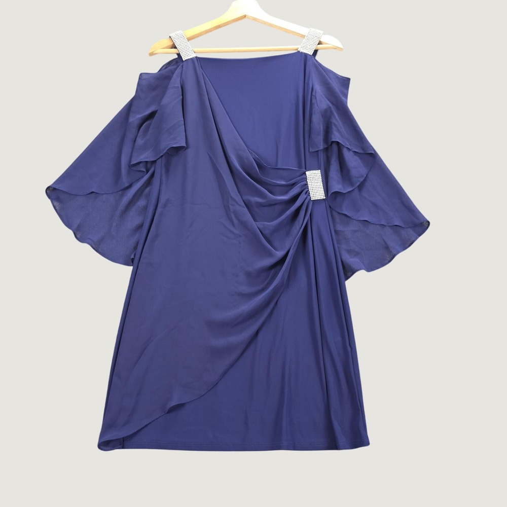 MSK Dress Womens Small Navy Blue Cold Shoulder Rhinestone Cape Overlay Cocktail